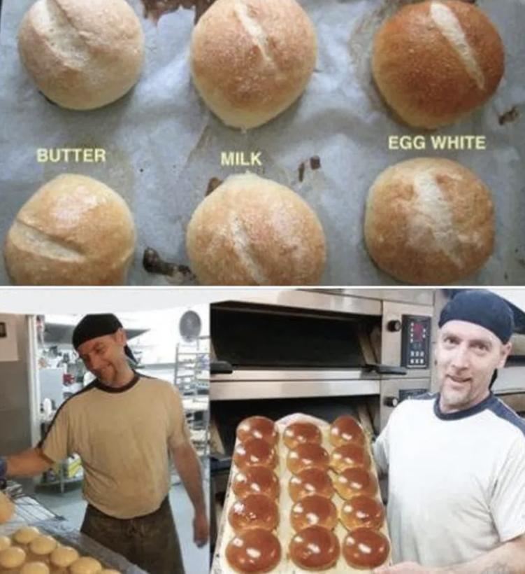 Buns finished with butter, milk and egg white, and the glossy sprayed result
