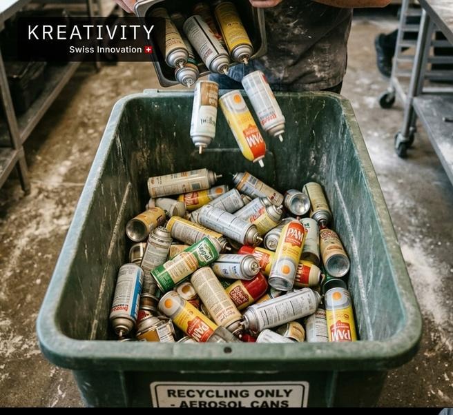A bin full of recycled aerosol food-spray cans, including PAM